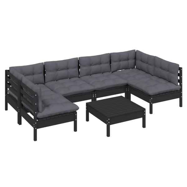 7-tlg. Garten-Lounge-Set mit Kissen Schwarz Kiefer Massivholz