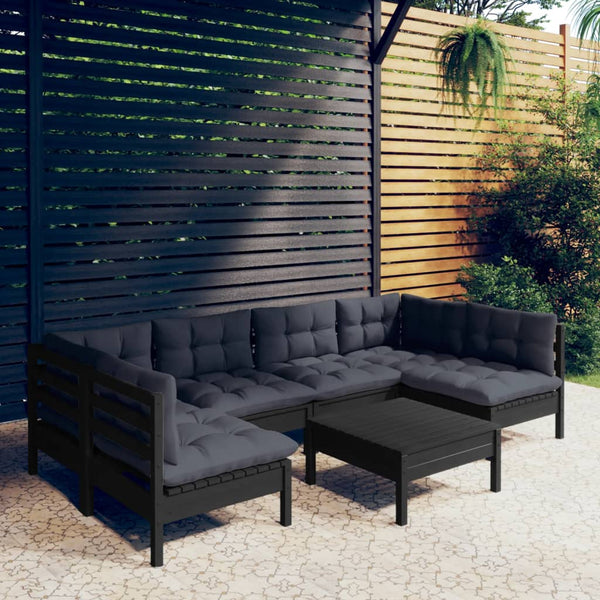 7-tlg. Garten-Lounge-Set mit Kissen Schwarz Kiefer Massivholz