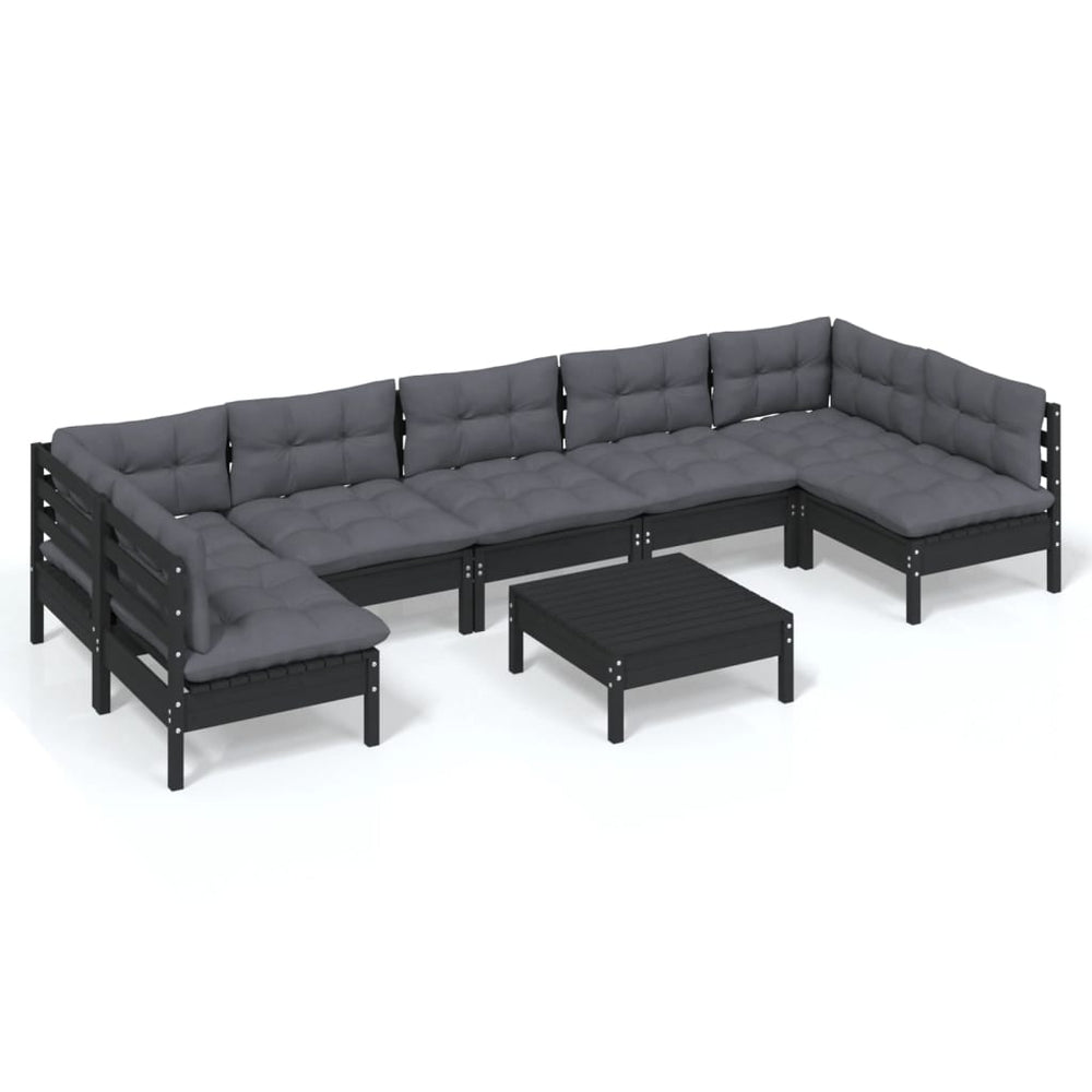 8-tlg. Garten-Lounge-Set mit Kissen Schwarz Massivholz Kiefer