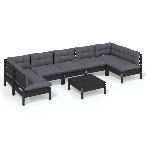 8-tlg. Garten-Lounge-Set mit Kissen Schwarz Massivholz Kiefer
