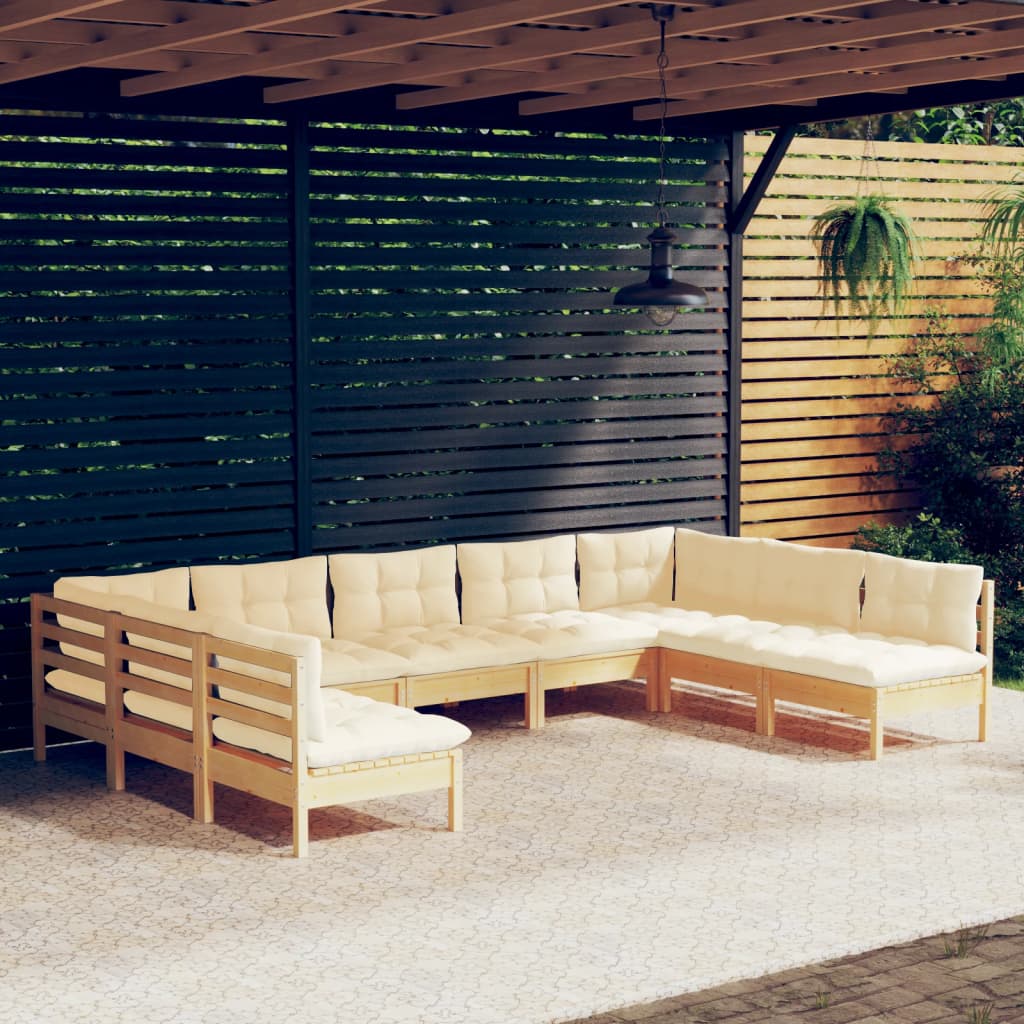 vidaXL Salon de jardin 9 pcs avec coussins crème Pin massif