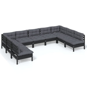 9-tlg. Garten-Lounge-Set mit Kissen Schwarz Massivholz Kiefer