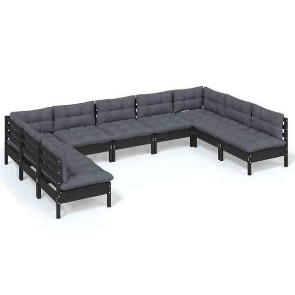 9-tlg. Garten-Lounge-Set mit Kissen Schwarz Massivholz Kiefer