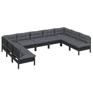 9-tlg. Garten-Lounge-Set mit Kissen Schwarz Massivholz Kiefer