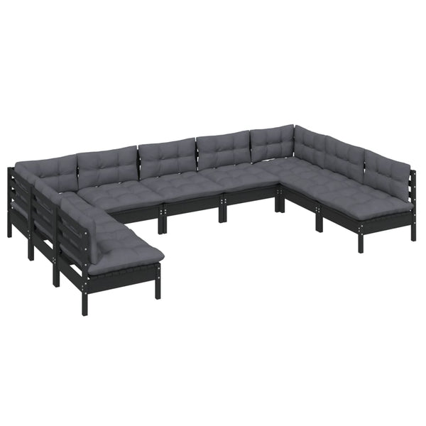 9-tlg. Garten-Lounge-Set mit Kissen Schwarz Massivholz Kiefer