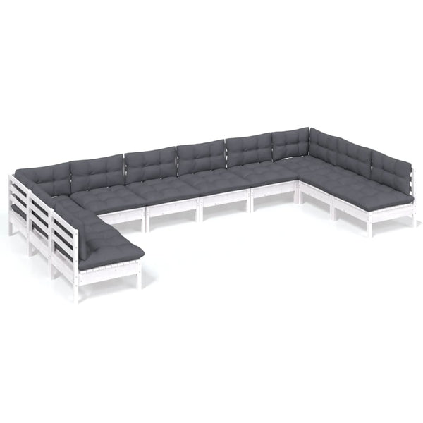 vidaXL Salon de jardin 10 pcs avec coussins Blanc Pin massif