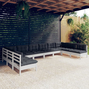 vidaXL Salon de jardin 10 pcs avec coussins Blanc Pin massif