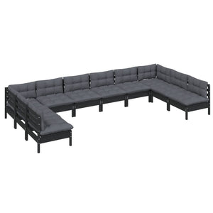 10-tlg. Garten-Lounge-Set mit Kissen Schwarz Kiefer Massivholz