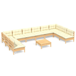 vidaXL Salon de jardin 11 pcs avec coussins crème Bois de pin massif