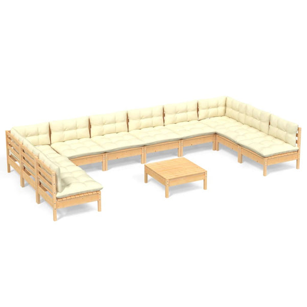 vidaXL Salon de jardin 11 pcs avec coussins crème Bois de pin massif