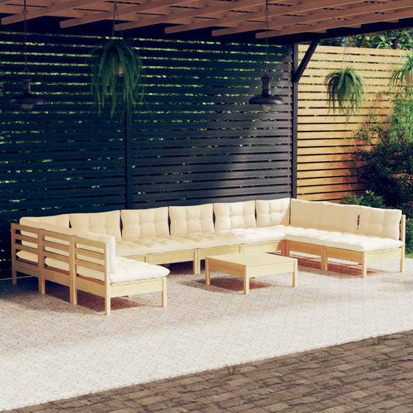 vidaXL Salon de jardin 11 pcs avec coussins crème Bois de pin massif