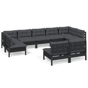 9-tlg. Garten-Lounge-Set mit Kissen Schwarz Massivholz Kiefer