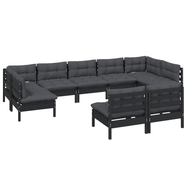9-tlg. Garten-Lounge-Set mit Kissen Schwarz Massivholz Kiefer