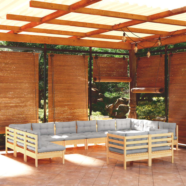 11-tlg. Garten-Lounge-Set mit Grauen Kissen Kiefer Massivholz