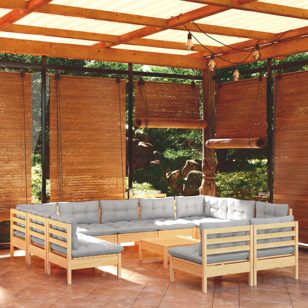 vidaXL Ensemble de salon de jardin 12 pcs avec coussins gris Bois de pin massif