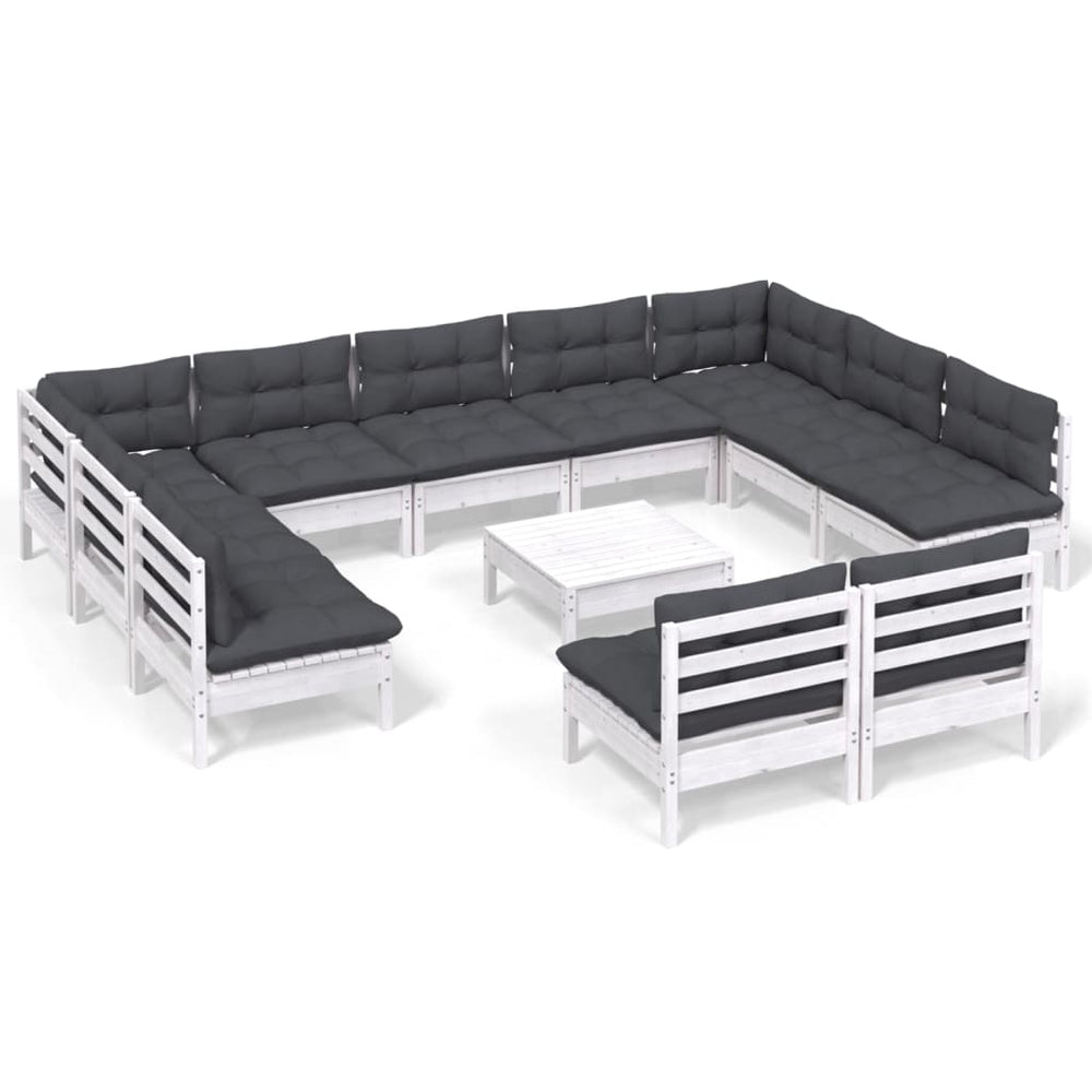 vidaXL Salon de jardin 12 pcs avec coussins Blanc Pin massif