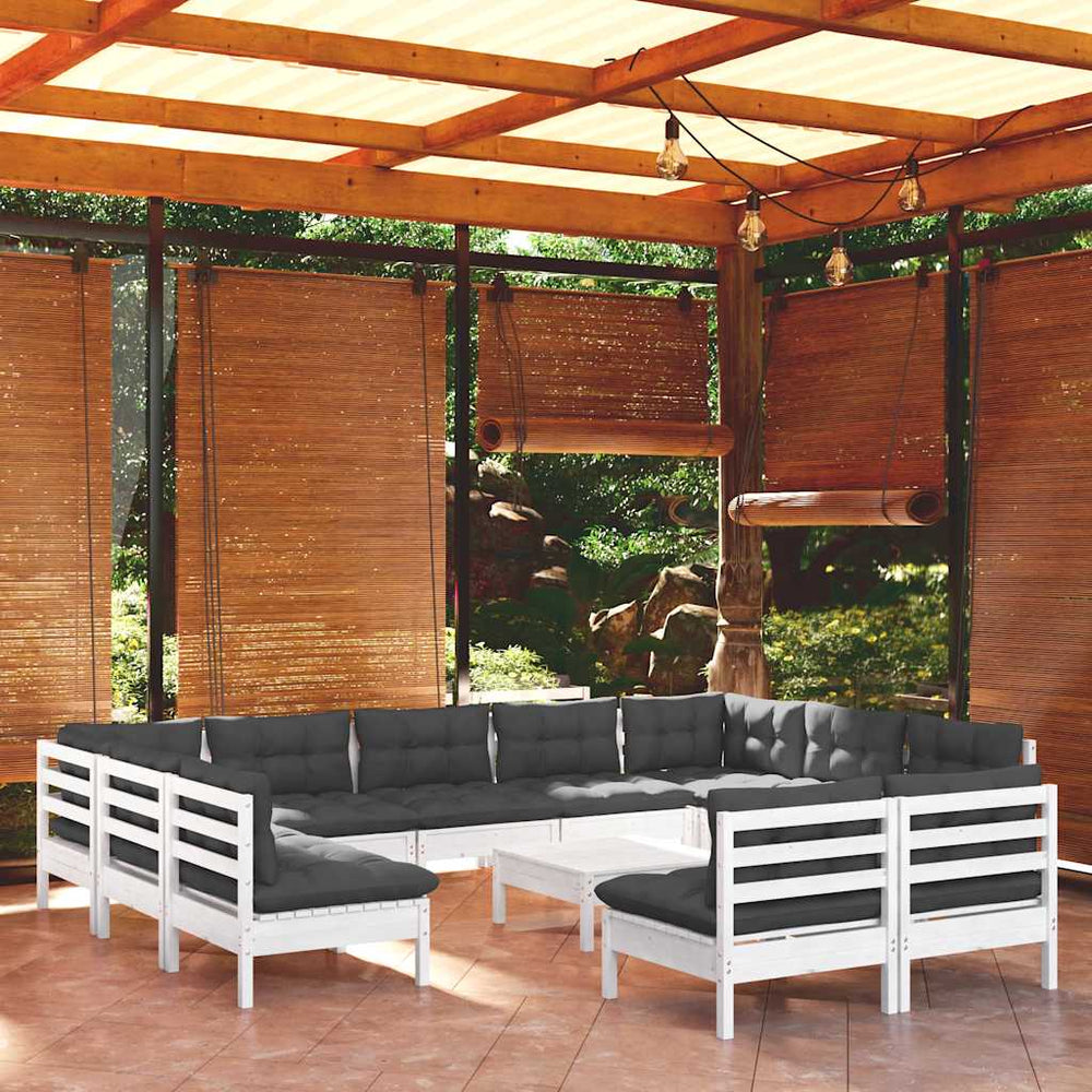 vidaXL Salon de jardin 12 pcs avec coussins Blanc Pin massif