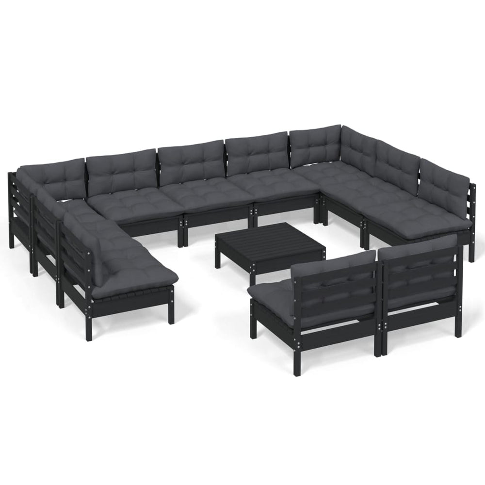 vidaXL Salon de jardin 12 pcs avec coussins Noir Bois de pin massif