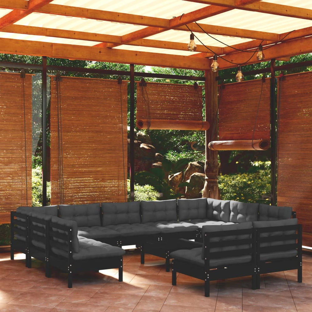 vidaXL Salon de jardin 12 pcs avec coussins Noir Bois de pin massif
