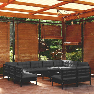12-tlg. Garten-Lounge-Set mit Kissen Schwarz Massivholz Kiefer