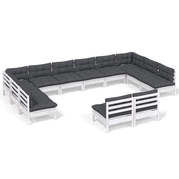 12-tlg. Garten-Lounge-Set mit Kissen Weiß Kiefer Massivholz