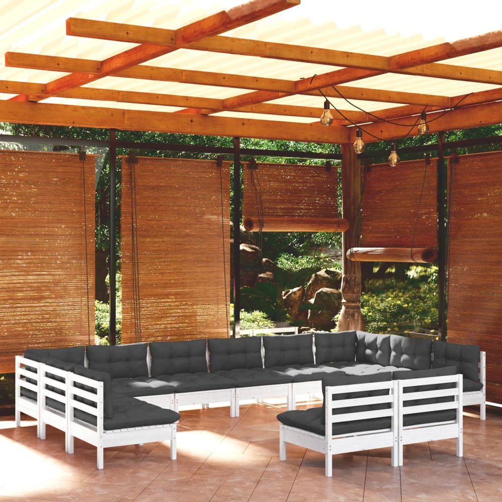 vidaXL Salon de jardin 12 pcs avec coussins Blanc Pin massif