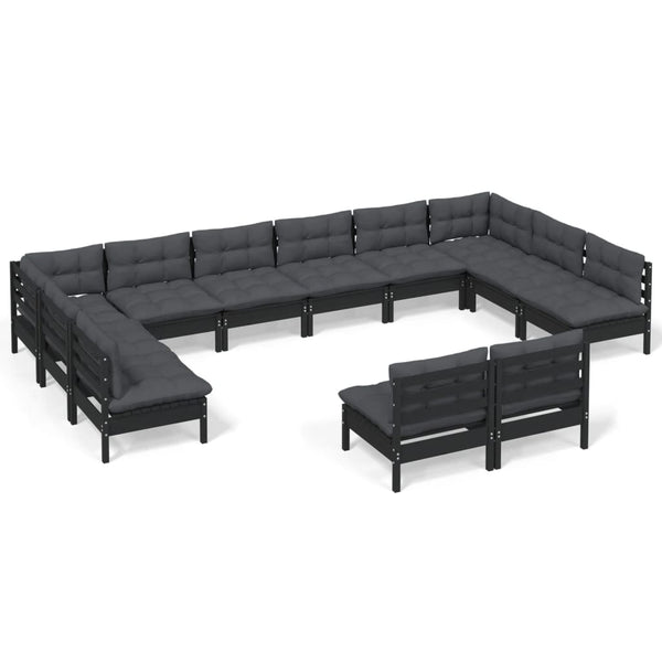vidaXL Ensemble de salon de jardin 12 pcs avec coussins Noir Bois de pin massif