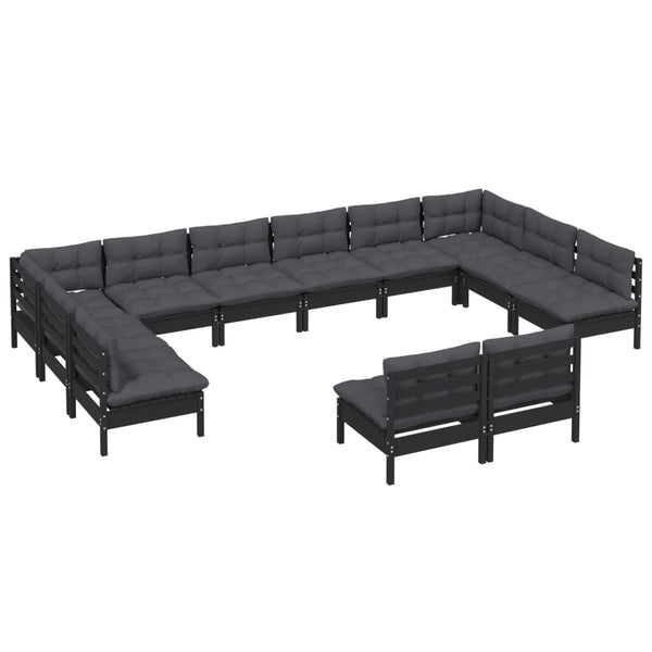 vidaXL Ensemble de salon de jardin 12 pcs avec coussins Noir Bois de pin massif