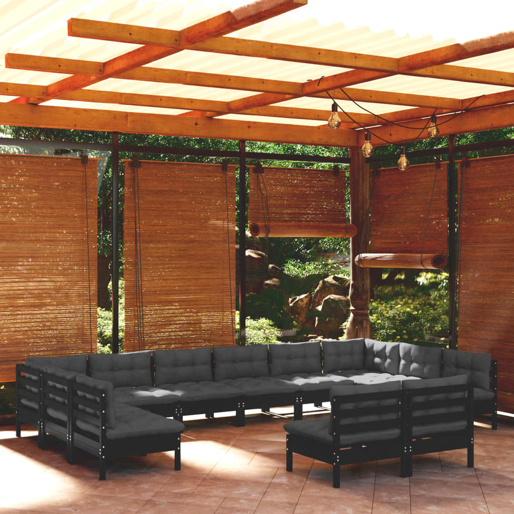 vidaXL Ensemble de salon de jardin 12 pcs avec coussins Noir Bois de pin massif