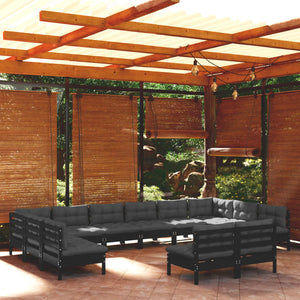 vidaXL Ensemble de salon de jardin 12 pcs avec coussins Noir Bois de pin massif