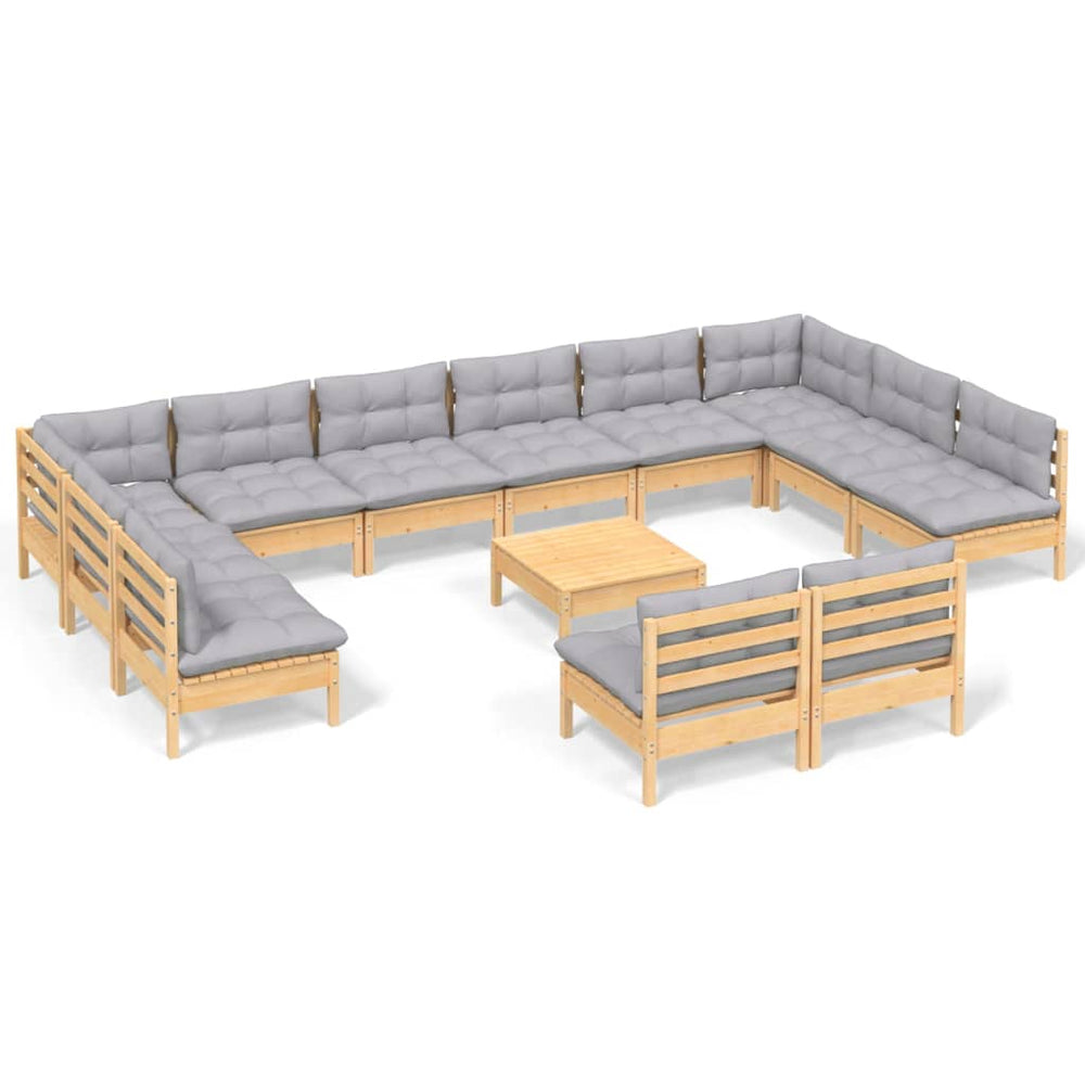 vidaXL Salon de jardin 13 pcs avec coussins gris Bois de pin massif