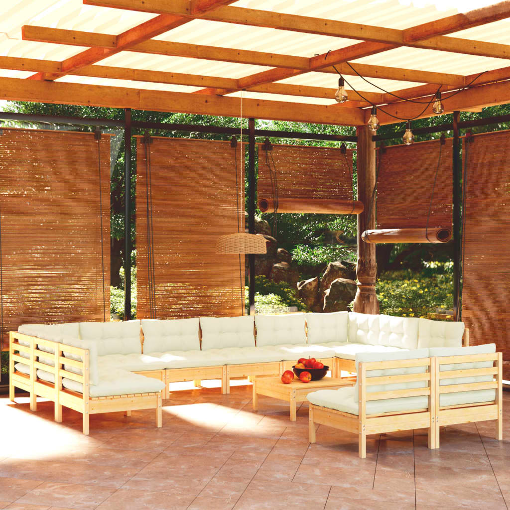vidaXL Salon de jardin 13 pièces avec coussins crème Bois de pin massif