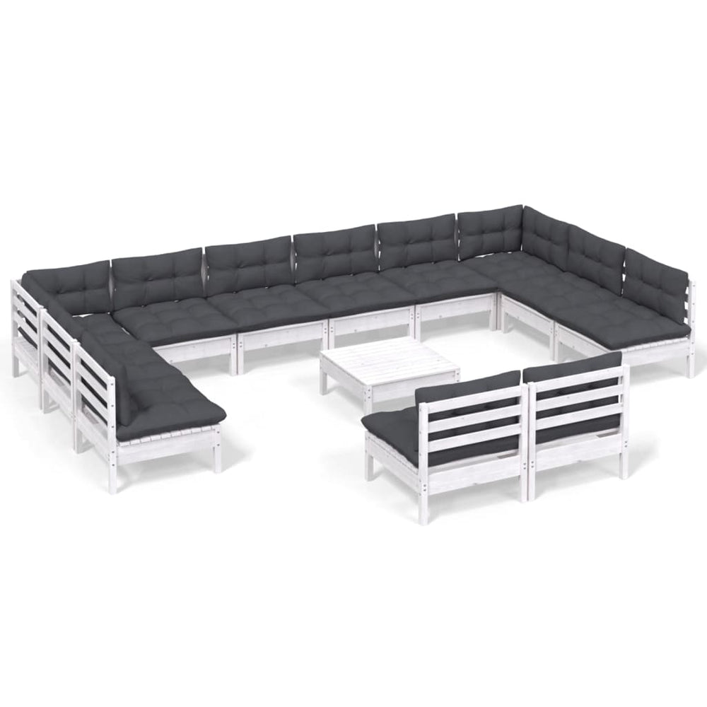 vidaXL Salon de jardin 13 pcs avec coussins Blanc Pin massif