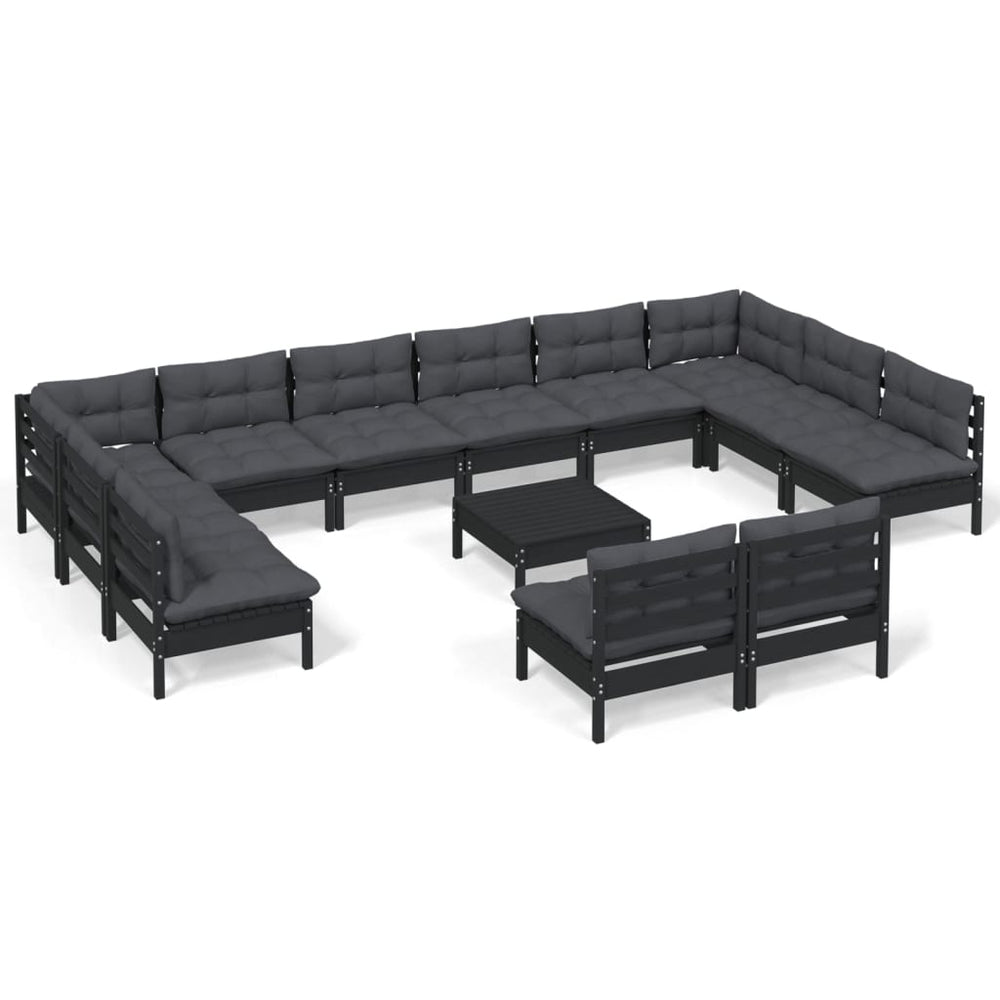 vidaXL Salon de jardin 13 pcs avec coussins Noir Bois de pin massif