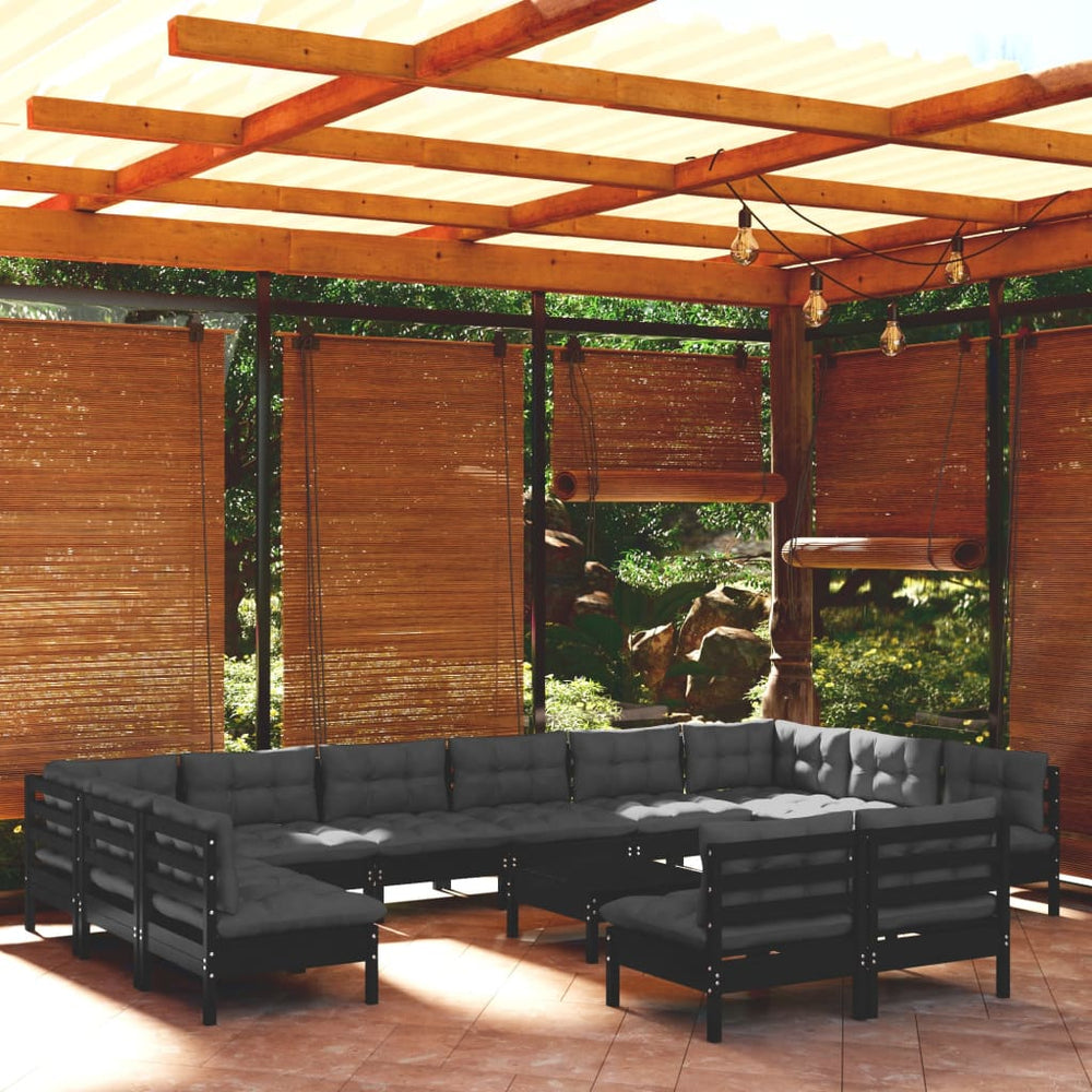 vidaXL Salon de jardin 13 pcs avec coussins Noir Bois de pin massif