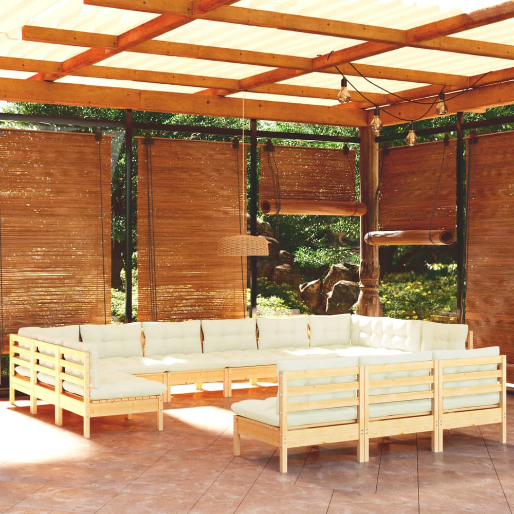 vidaXL Salon de jardin 13 pièces avec coussins crème Bois de pin massif