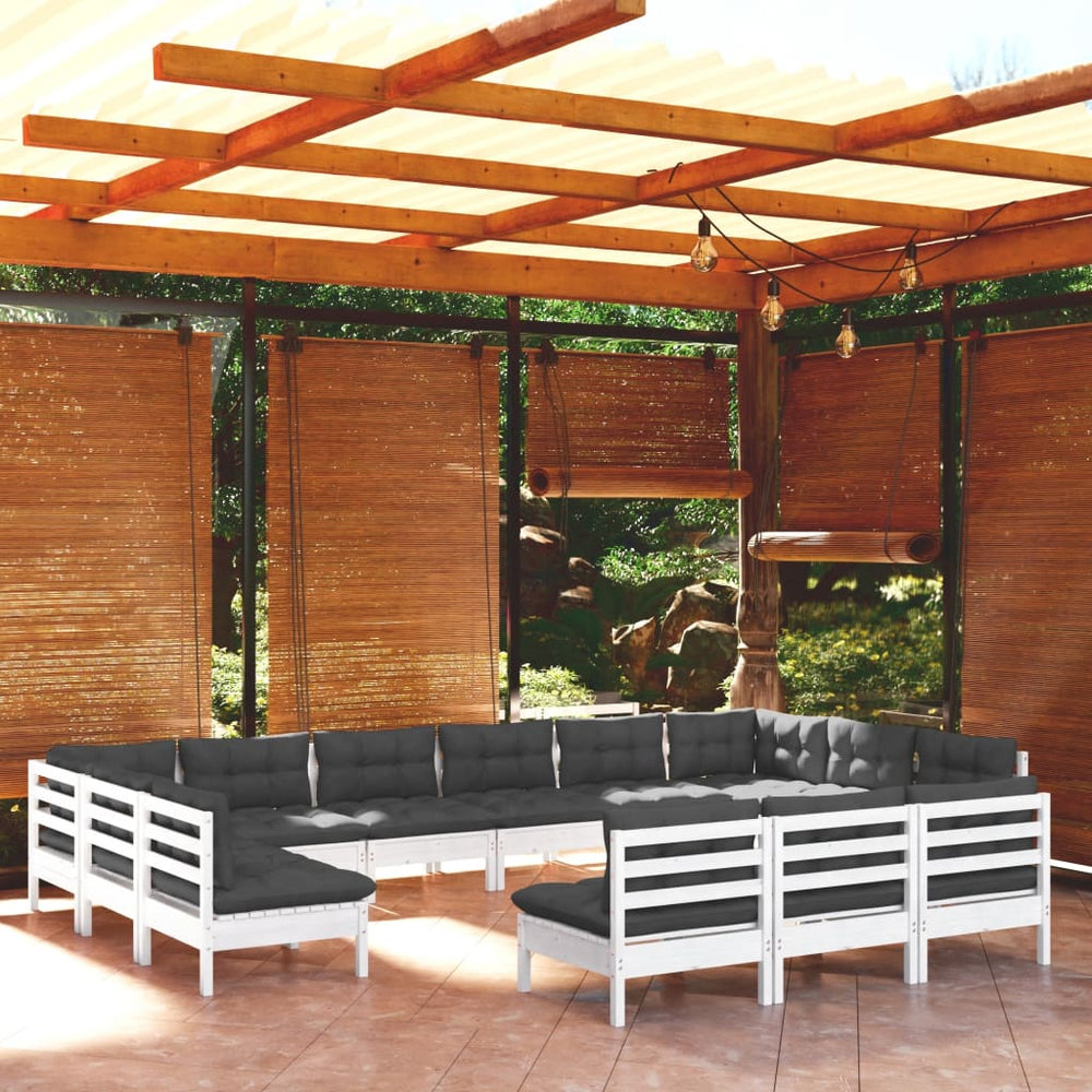 vidaXL Salon de jardin 13 pcs avec coussins Blanc Pin massif