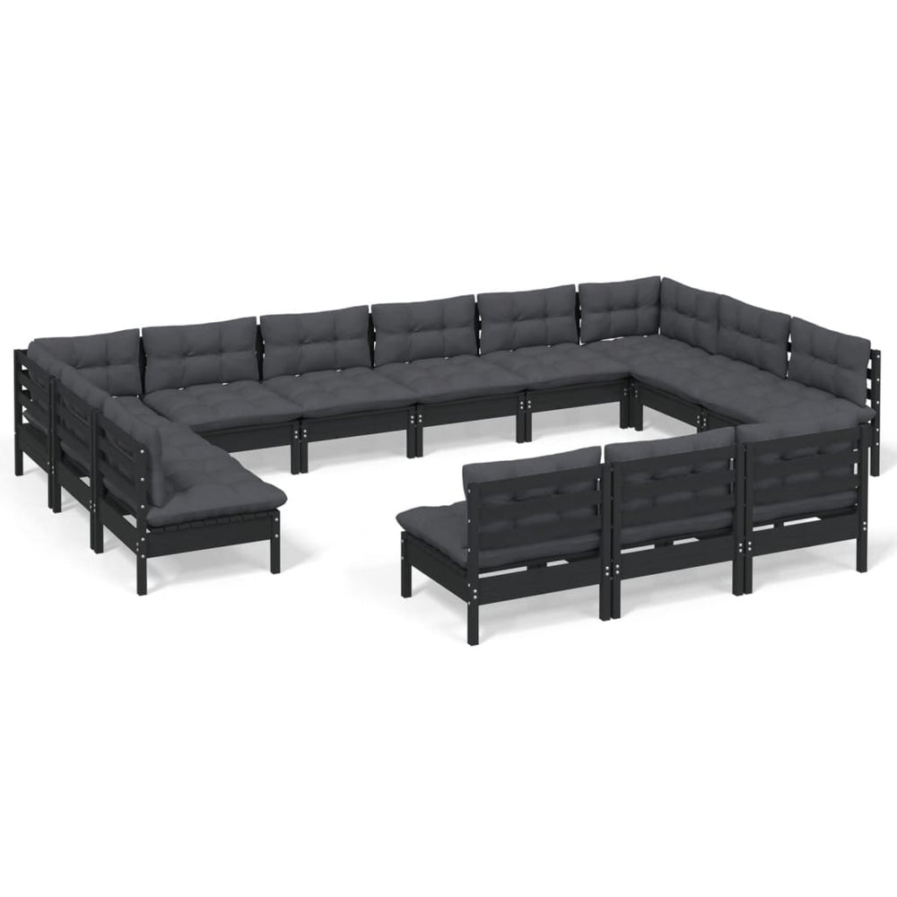 vidaXL Salon de jardin 13 pcs avec coussins Noir Bois de pin massif