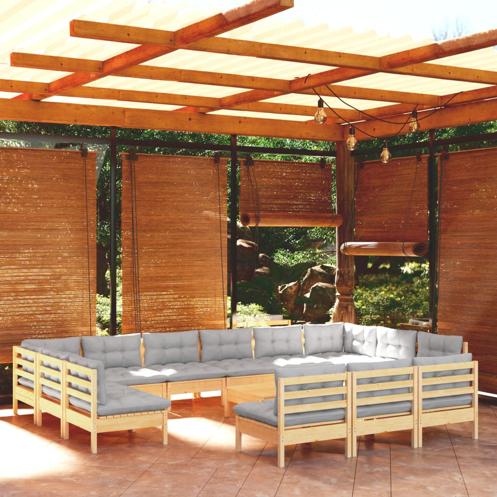 vidaXL Salon de jardin 14 pièces avec coussins gris en pin massif