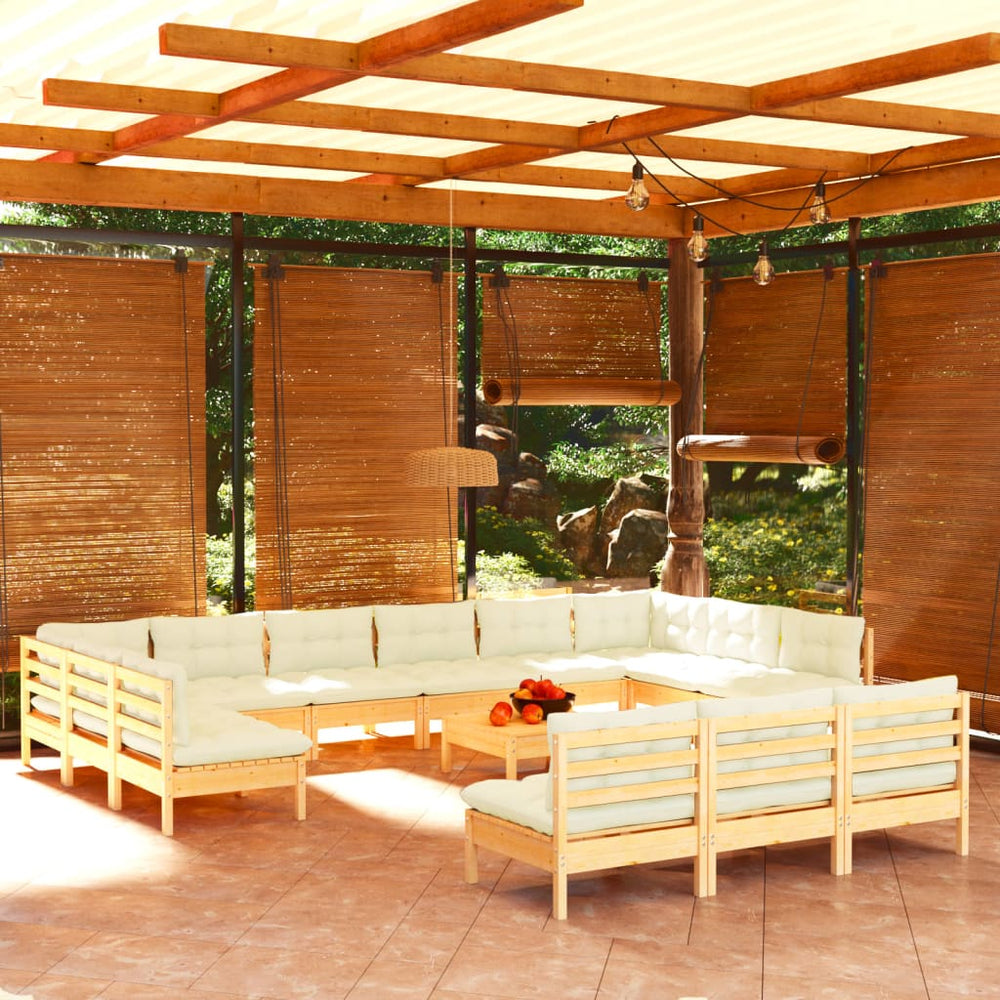vidaXL Salon de jardin 14 pièces avec coussins crème Bois de pin massif