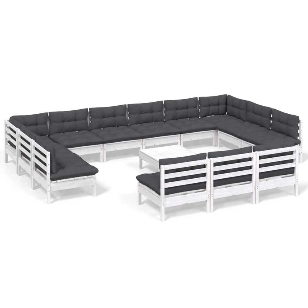 vidaXL Salon de jardin 14 pcs avec coussins Blanc Pin massif