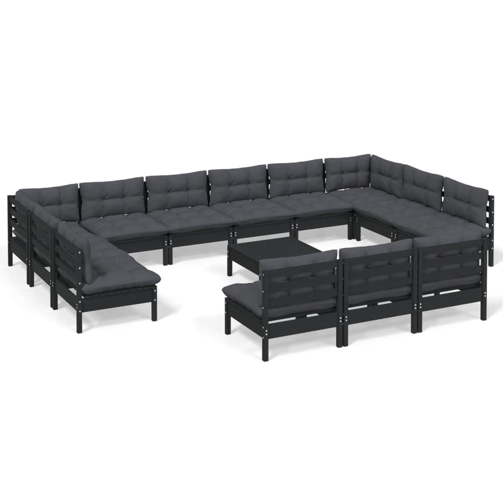 vidaXL Salon de jardin 14 pcs avec coussins Noir Bois de pin massif