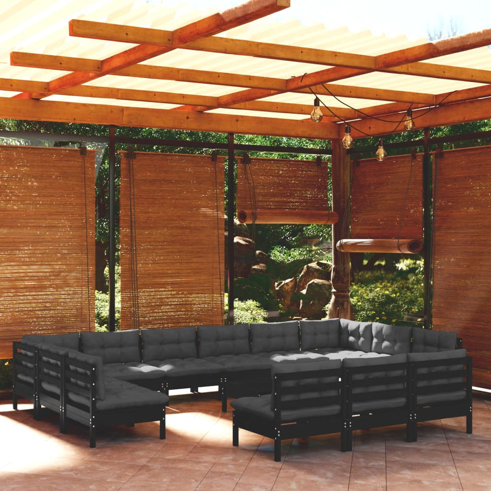 vidaXL Salon de jardin 14 pcs avec coussins Noir Bois de pin massif