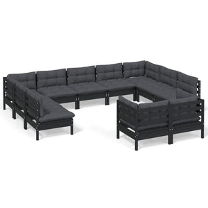 vidaXL Ensemble de jardin 11 pcs avec coussins Noir Bois de pin massif