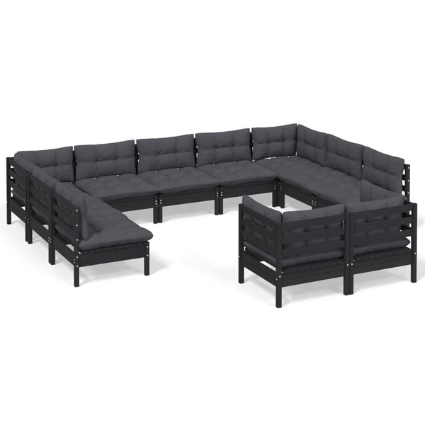 vidaXL Ensemble de jardin 11 pcs avec coussins Noir Bois de pin massif