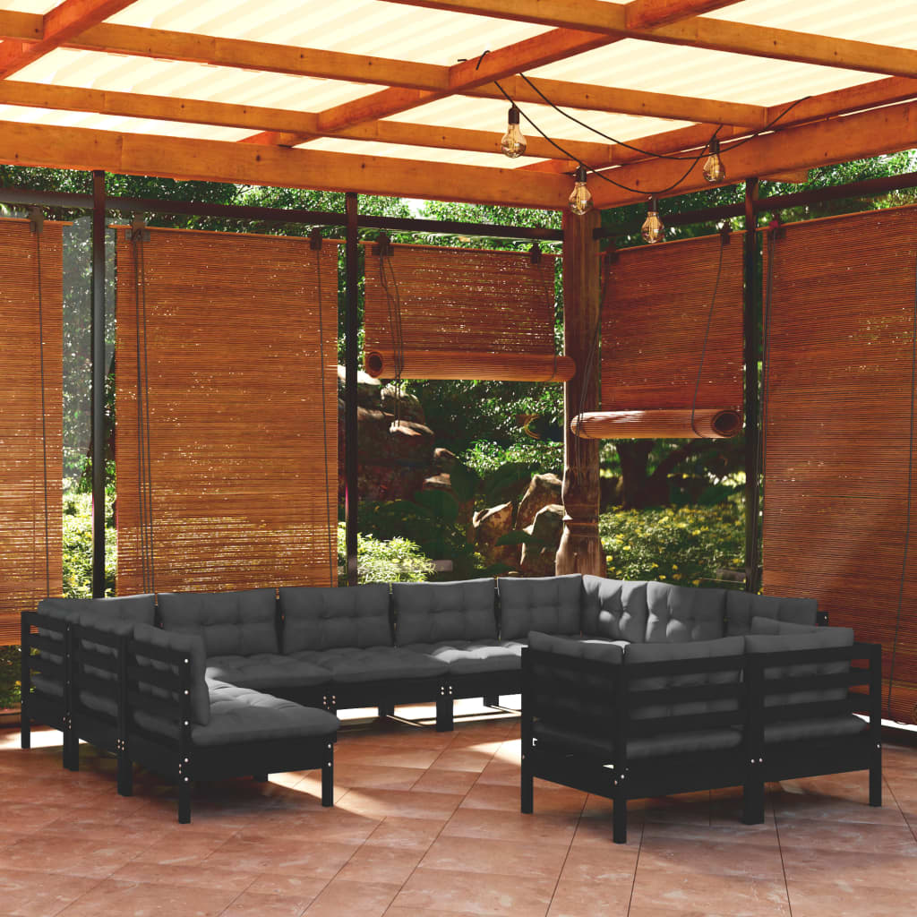 vidaXL Ensemble de jardin 11 pcs avec coussins Noir Bois de pin massif