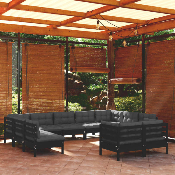 vidaXL Ensemble de jardin 11 pcs avec coussins Noir Bois de pin massif