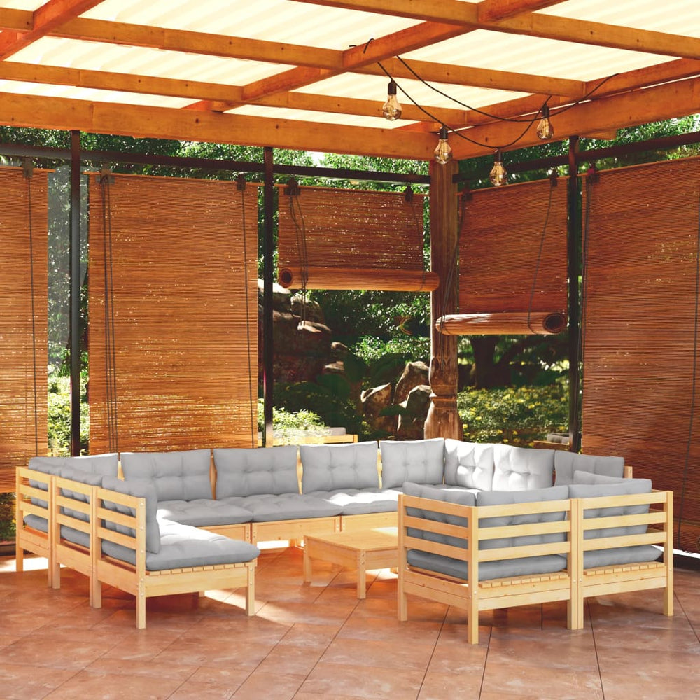 vidaXL Ensemble de salon de jardin 12 pcs avec coussins gris Bois de pin massif