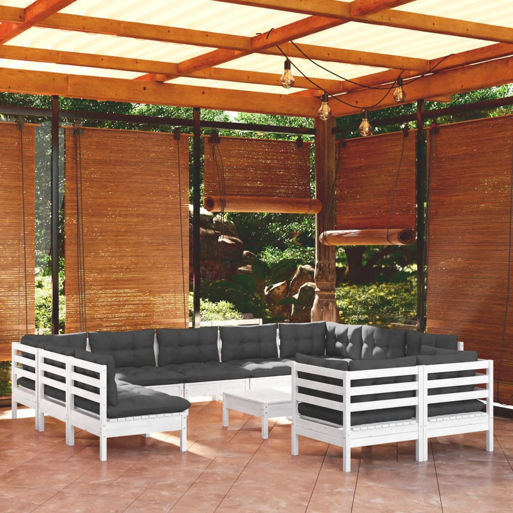 vidaXL Salon de jardin 12 pcs avec coussins Blanc Pin massif
