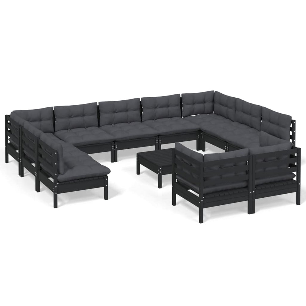 vidaXL Salon de jardin 12 pcs avec coussins Noir Bois de pin massif
